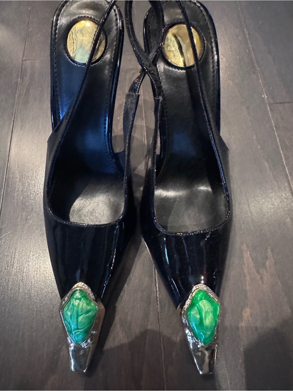 Black Patent Pointed Toe Slingback Heels with Green Accent
